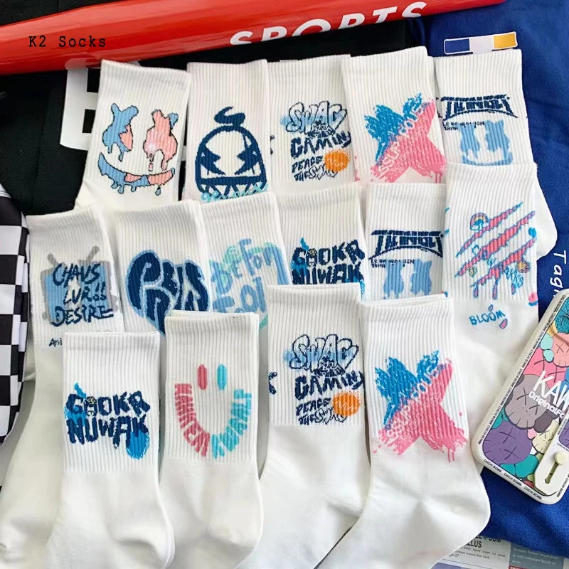 3 Pairs/Box Hip Hop Devil Letter X Stockings Cotton Harajuku White Graffiti Streetwear Funny Summer Thin Gifts Men Women Socks