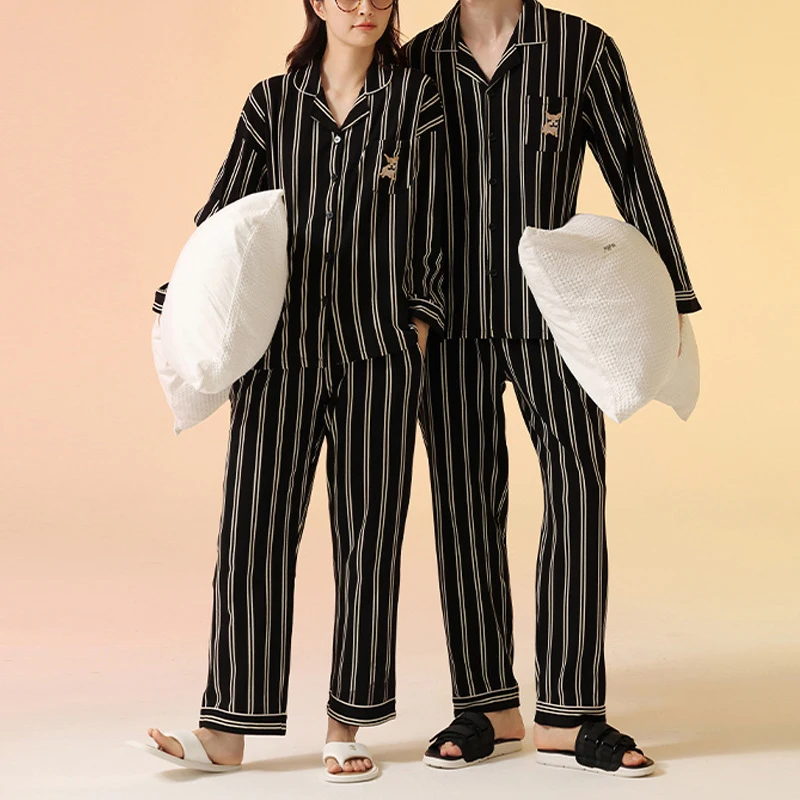 Women's Striped Cartoon Cute Pajamas Set Top Shirts Pants cotton Homewear Suit Female Spring Summer Korean Sleepwear Suits