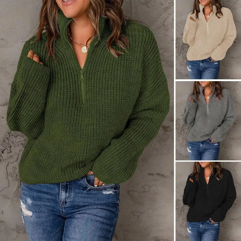 

Women Solid Color Sweater Stylish Women's Turtleneck Knitted Sweater Zipper Neckline Long Sleeve Pullover Solid Color for Office