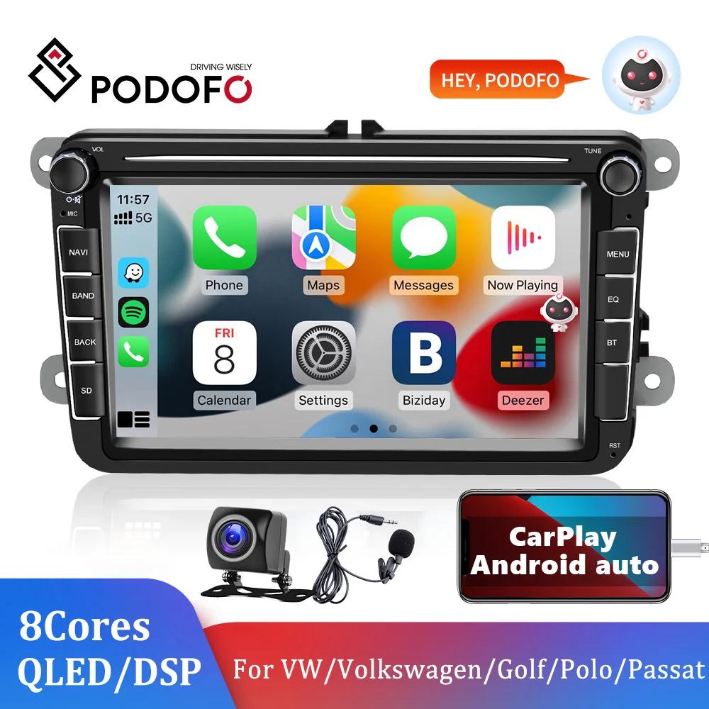 podofo 2 din car radio android 10 0 for vwvolkswagengolfpolopassatb7b6seatleonskoda 8 inch 8128g gps wifi 4g carplay free global shipping