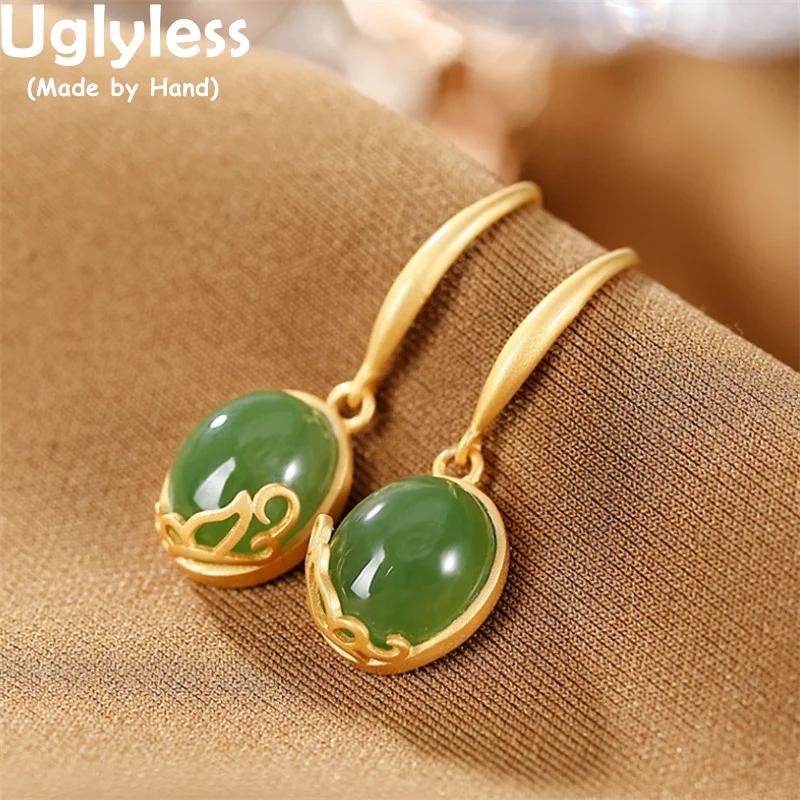 

Uglyless Vintage Vines Gold Jasper Earrings for Women Fashion 925 Silver Brincos Nature Green Jade Gemstones Jewelry Gold Bijoux