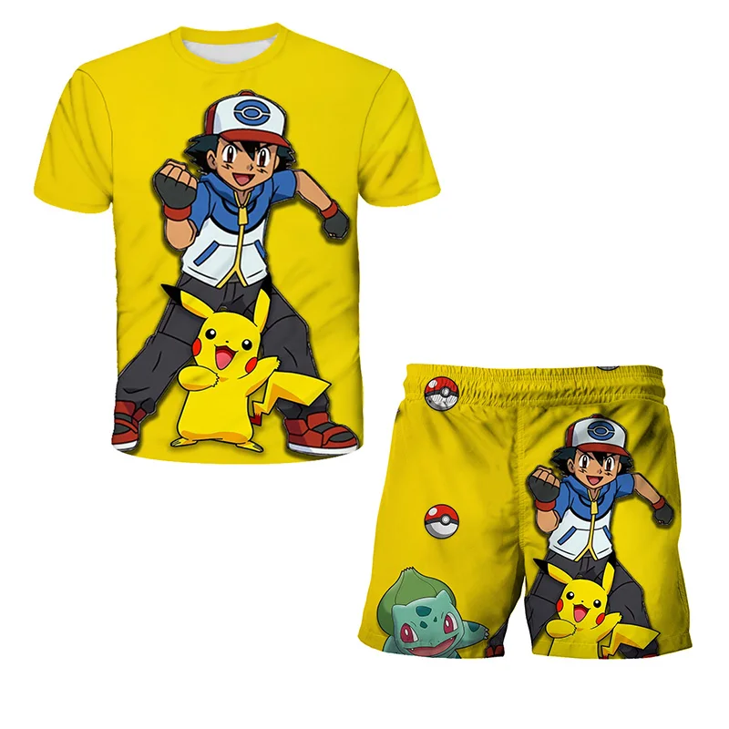

New Fashion Pokemon Shirts Pants Suits Cartoon Pikachu T-Shirts Kids Clothes Anime Boys Clothes Pants Kids Suits 3-14y