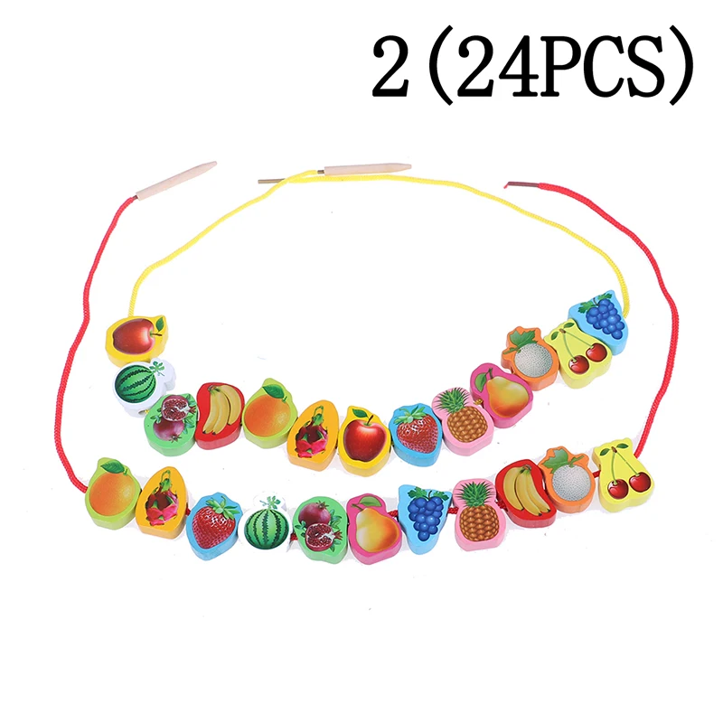 

24Pcs/string Montessori Baby Wooden Diy Toy Fruit Animal Numbers Beads Toy Stringing Threading Wooden Beads Toy