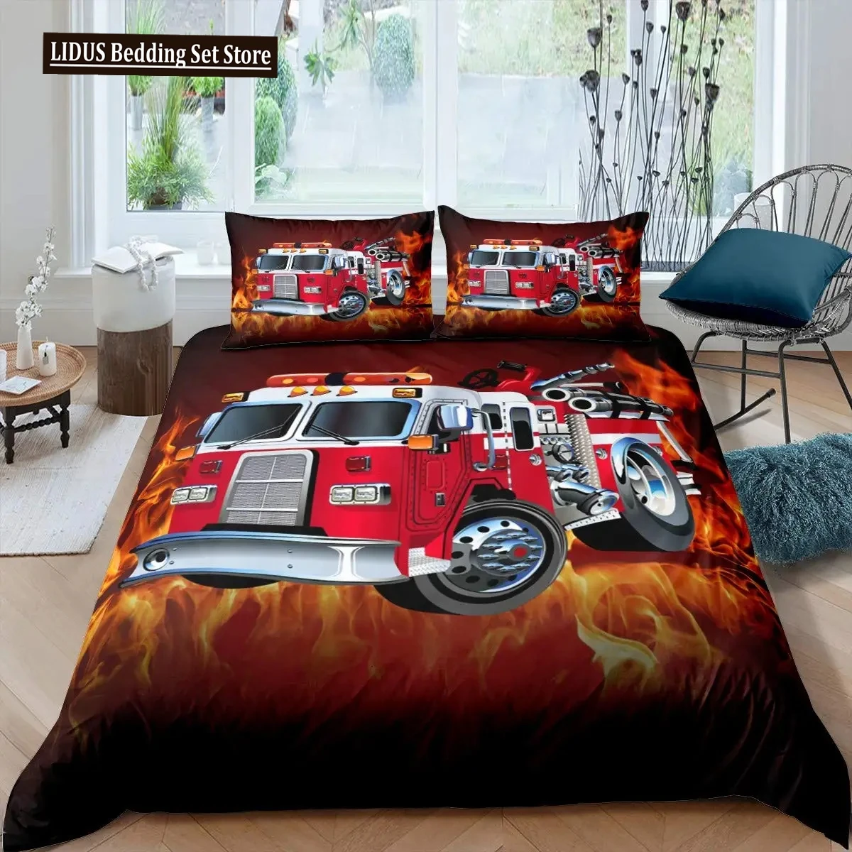 Firefighter Truck Duvet Cover King/Queen Size Red Firemen Car Bedding Set For Boys Girls Fire Engine Polyester Quilt