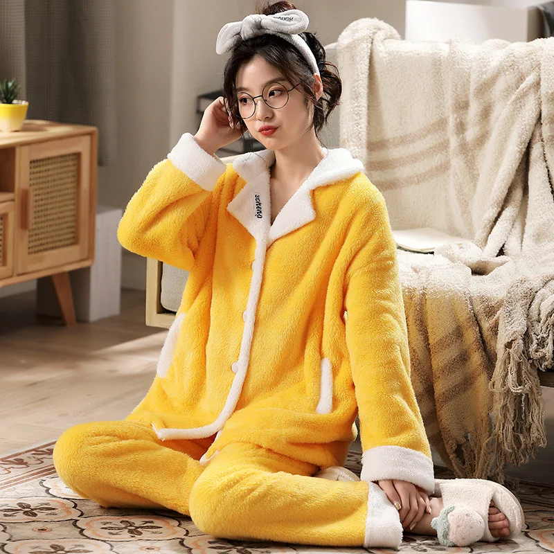 Autumn Winter New Warm Flannel Women's Pajamas Set Long-sleeved Trousers Two-piece Set Cute Soft Home Wear Clothes Set for Girl