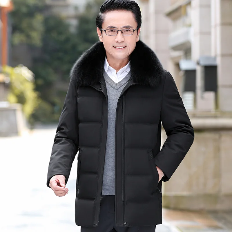 

Down Middle-aged And Elderly Jacket Men's Thickened Mid-length Dad Outfit Fox Fur Collar Elderly Winter Pie Overcoming Jacket