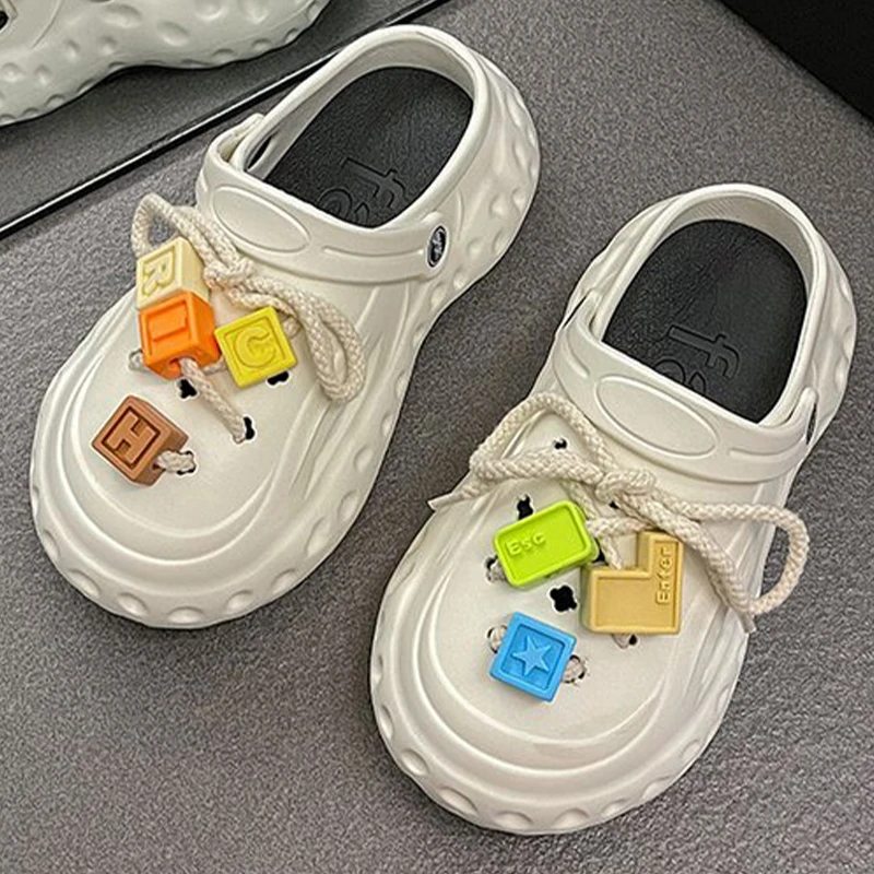 

Shoelace Letter Blocks 6.5CM Platfrom Decor Vented Clogs Slides Women Shoes Outdoor Beach Sandals Summer Girl Slippers Anti-slip