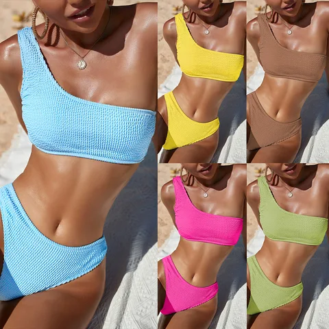 One Shoulder Sexy Bikini Swimwear Women 2023 Textured Swimsuit Women Bathing Suits Solid Two-piece Bikinis Set Bath Suit Biquini