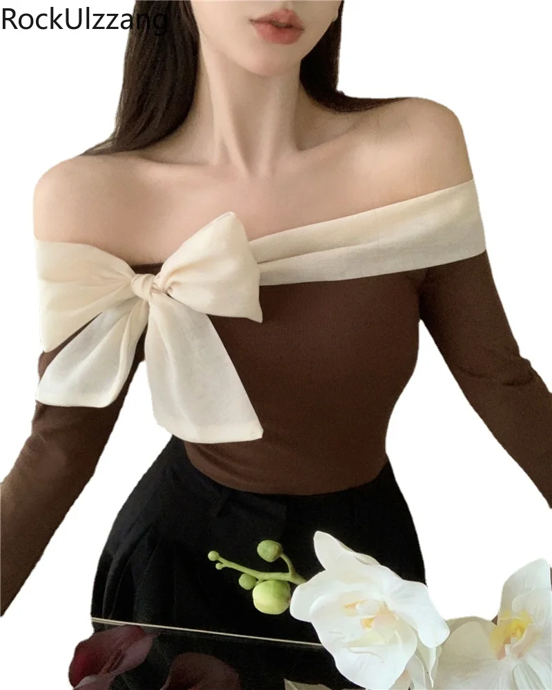 

Long Sleeve Cotton Off Shoulder Elegant Cotton T-Shirt with Bow Design Sexy Crop Top Women y2k cropped t shirt fall
