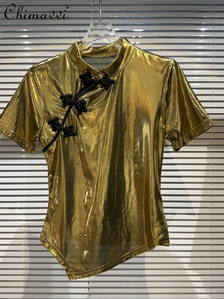 

Irregular Slim-Fit Metallic Padded Shoulder Short Sleeve T-shirt Women 2023 Summer New Pearl Stand Collar Buckle Half Sleeve Top