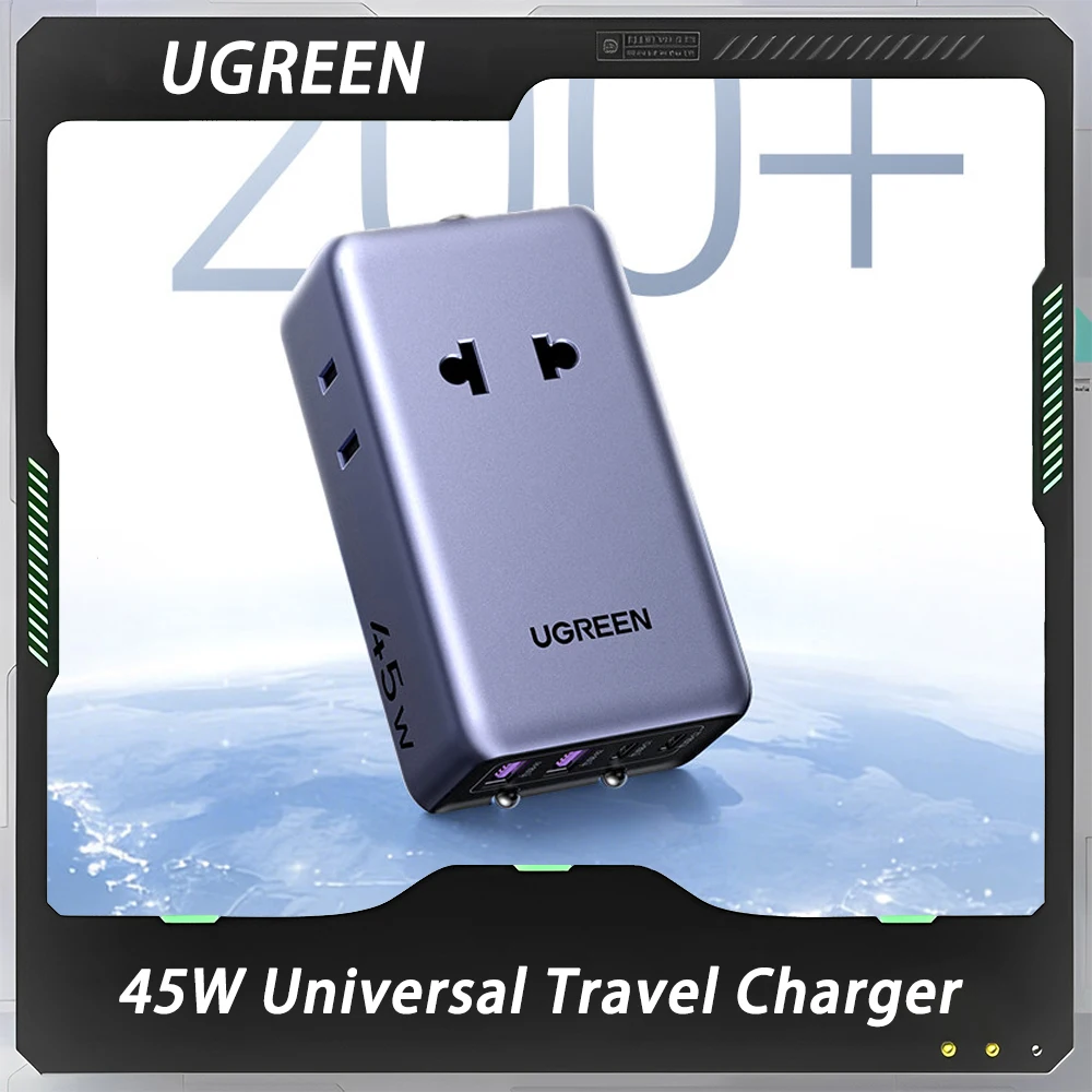 Фото Универсальное зарядное устройство UGREEN 45W с технологией GaN, 2 портами Type-C, 2 розетками AC и 2 USB-портами для розеток США, ЕС, Великобритании, Австралии, в комплекте с адаптерами для розеток США, ЕС, Великобритании, Австралии, в подарок. №1
