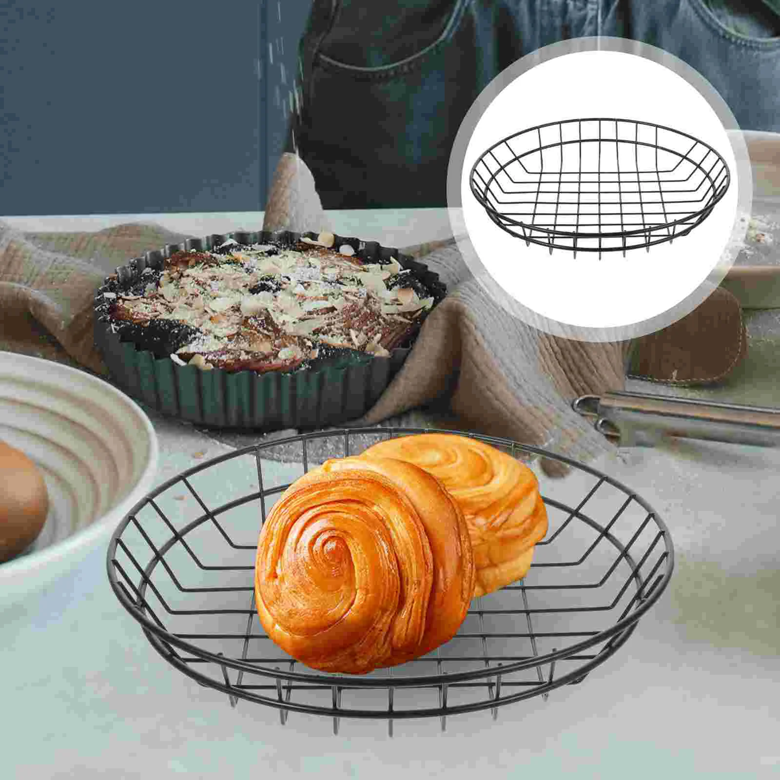 

Farmhouse Fruit Bowl Kitchen Chips Snack Basket Black Round Tray Household Iron