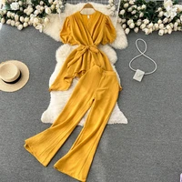 summer womens chiffon set bow tie ruffle wrap blouse shirt tops pants elegant tracksuit pleated two piece set fitness outfits