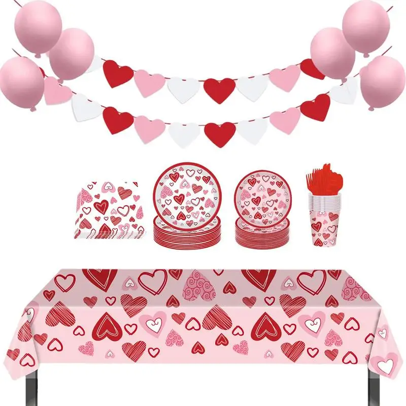 

Valentines Day Party Supplies Tableware Set Holiday Themed Paper Plates Napkins Table Cloth Happy Valentine's Day Paper Plates