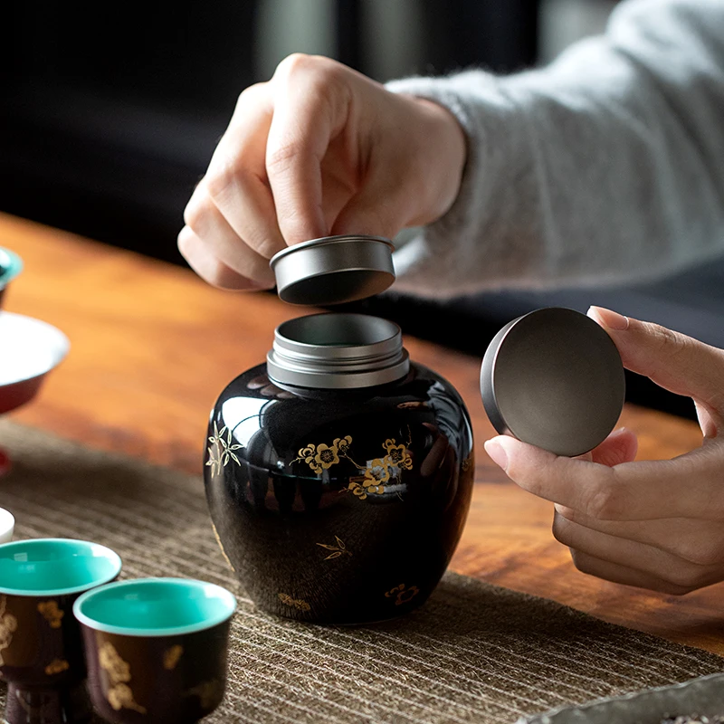 Черная керамическая банка для хранения цветка сливы маленькая портативная чая