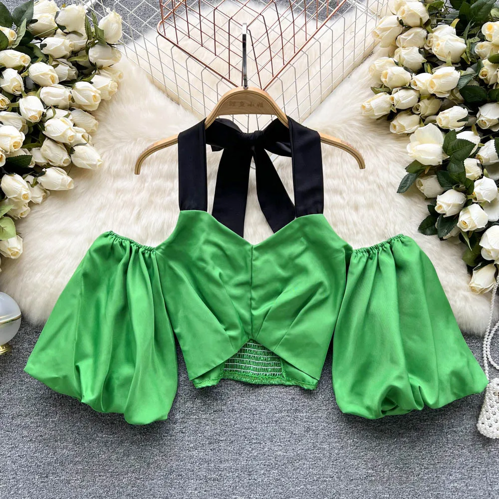 

Милая Сексуальная женская рубашка с открытыми плечами, новая модная однотонная короткая блузка с коротким рукавом и высокой талией, G611