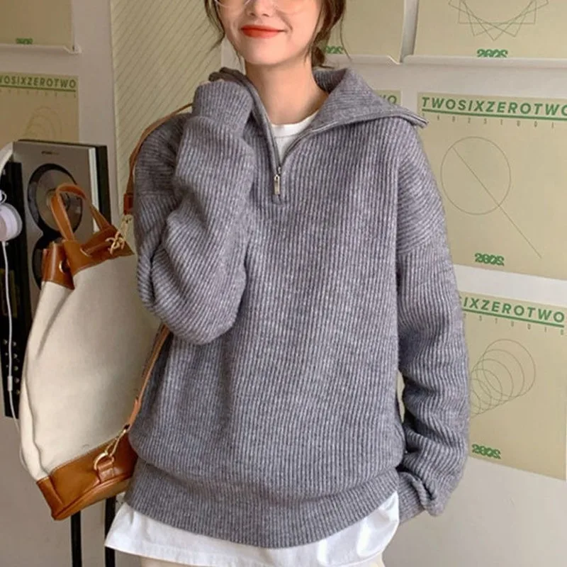 

Женский свитер оверсайз на молнии, вязаный пуловер с длинным рукавом, однотонные свободные женские свитера, Женская водолазка на осень и зиму