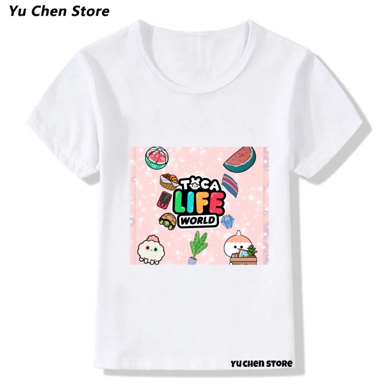 

2022 милые детские футболки, забавная футболка с мультяшным принтом Toca World Video Game для малышей, летняя модная футболка для маленьких девочек, то...