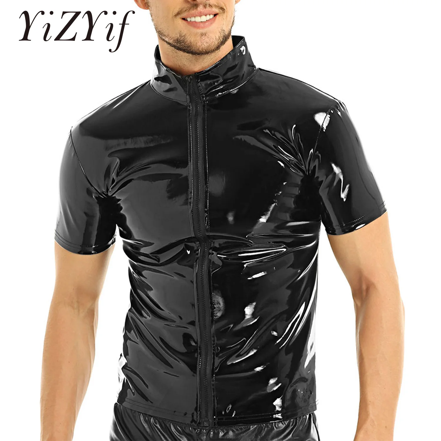 YiZYiF Black Shiny T Shirt Unisex Metallic Hipster PVC Leather Tshirt Sexy Stand Collar Short Sleeves Front Zip Up T-shirt Tops