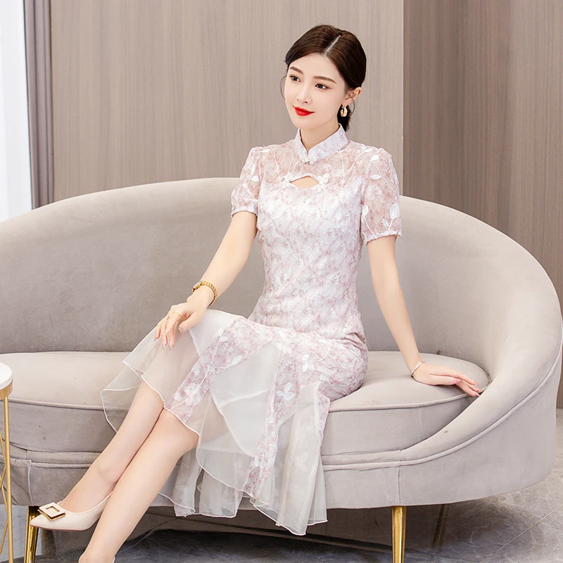 

2023 spring and summer new cheongsam slimming embroidered fishtail dress girlish temperament lady daily style
