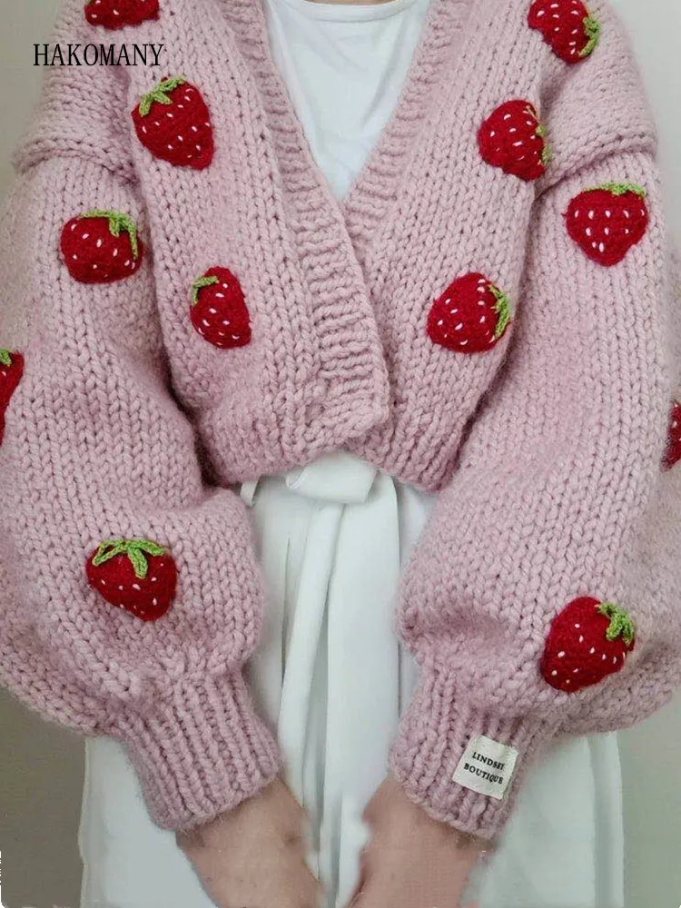 2022 Vintage Woman V neck Long sleeve Knitting Sweater Knitwear Jumper Sweet 3D Fruit Strawberry Hand Made Ball Cardigan Pink