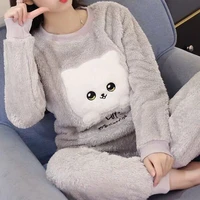 2021 autumn winter pajamas set women sleep shirt pant set sleepwear warm flannel nightgown female cartoon bear animal pijamas