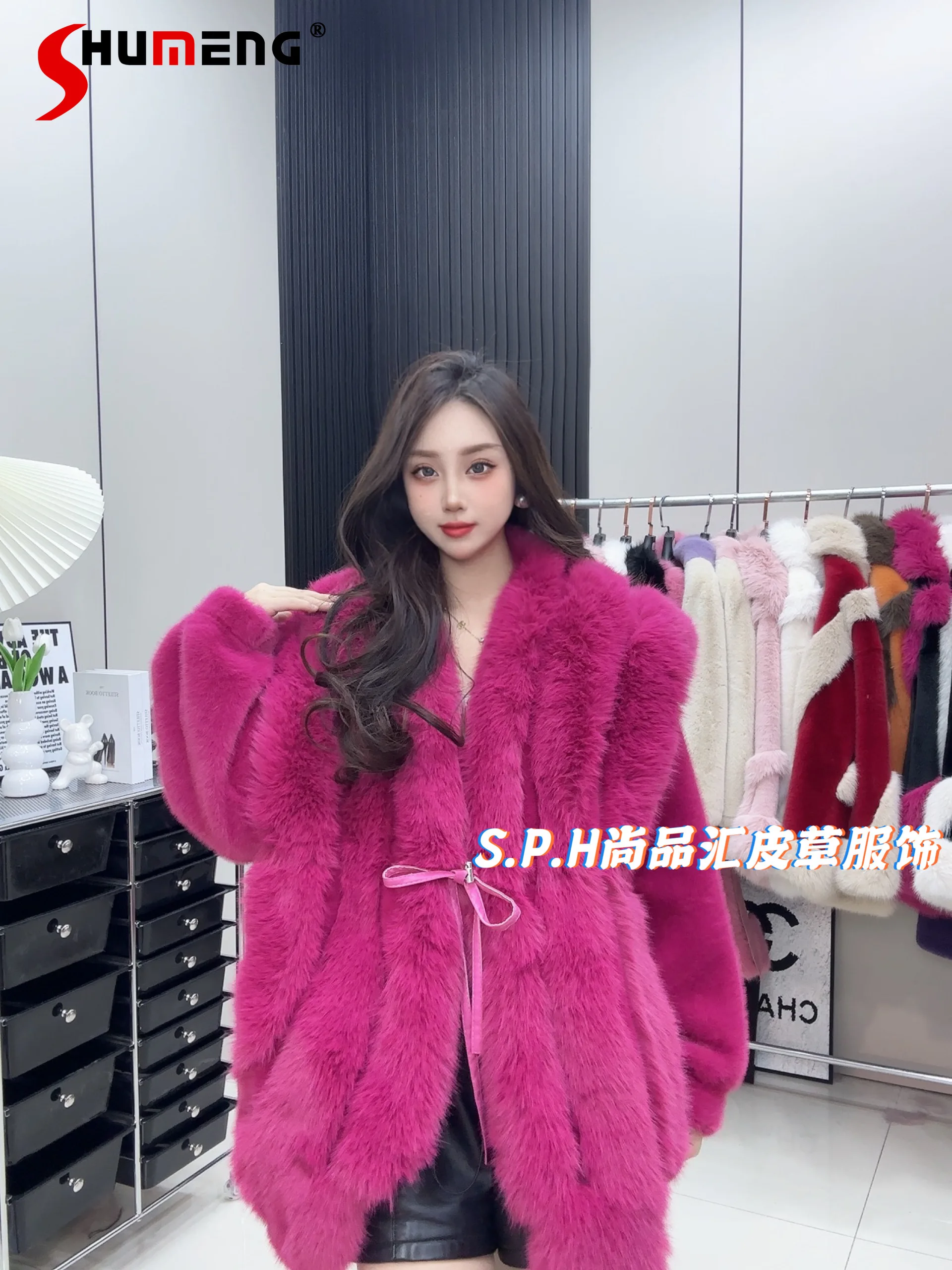 

New Women's Winter Faux Fur Mid-Length Belt Solid Color Long Sleeve Feminine V-neck Loose Comfort Elegant Faux Fur Coats