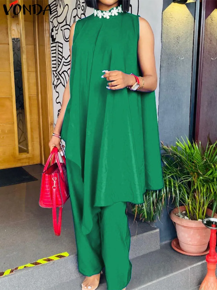 

Элегантный женский брючный костюм VONDA 2023, летние богемные топы с оборками и широкие брюки, однотонная Повседневная Уличная одежда, женский костюм