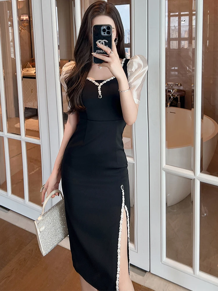 

Fashion Summer Evening Dresses For Women Elegant Luxury Satin Chic Sexy Square Collar Slim Midi Party Gown Mujer Vestidos Fiesta