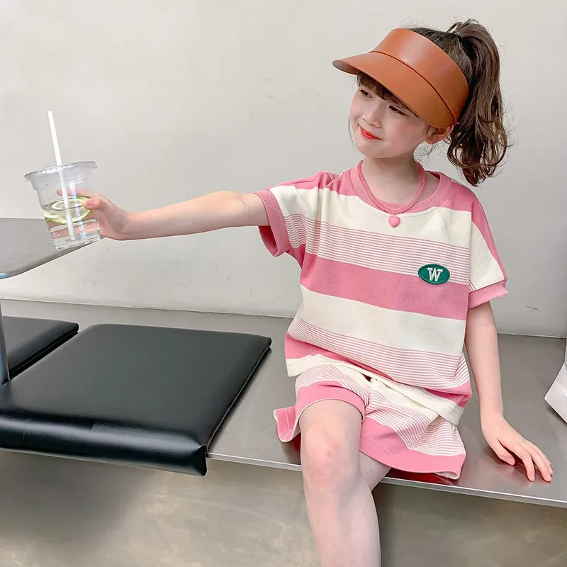 

Girls Summer Casual Pink Stripes T-shirts+Pants 2pcs Suits 2-12 Years Girls Korean Style Leisure Outfits Sets Children Clothing