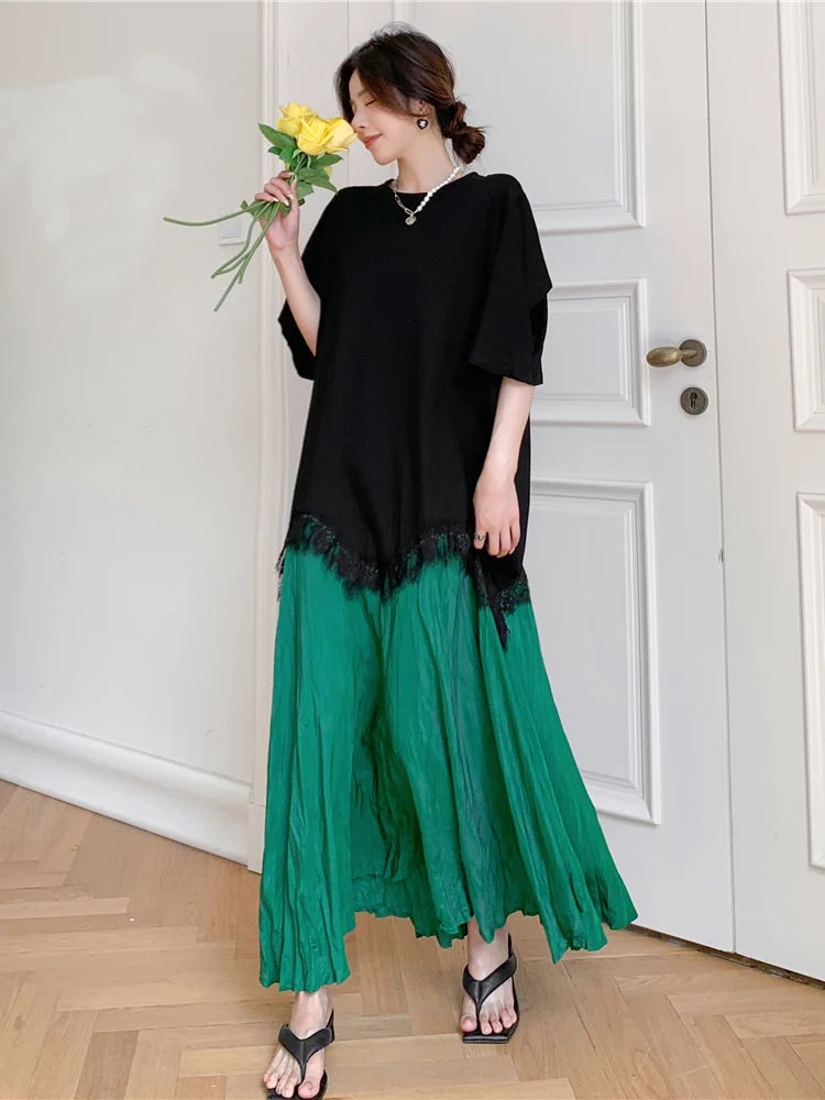 

Patchwork Lace Pleated Long Dresses For Women New Korean Fashion Short Sleeve Loose Casual Summer Dress Elegant Clothing 2022