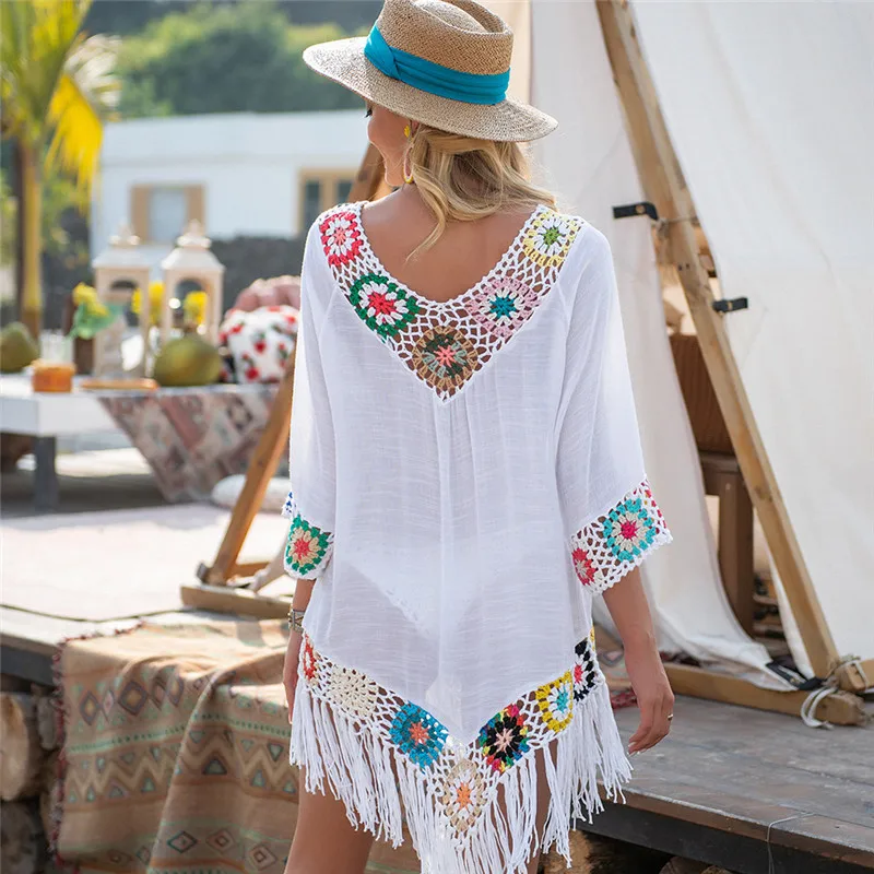 6 color Tassel Beach Cover Ups for Swimwear Women White Tunic Sundress 2023 Blue Swim Outfits Knitted Cover-ups 2022 Bath Outlet