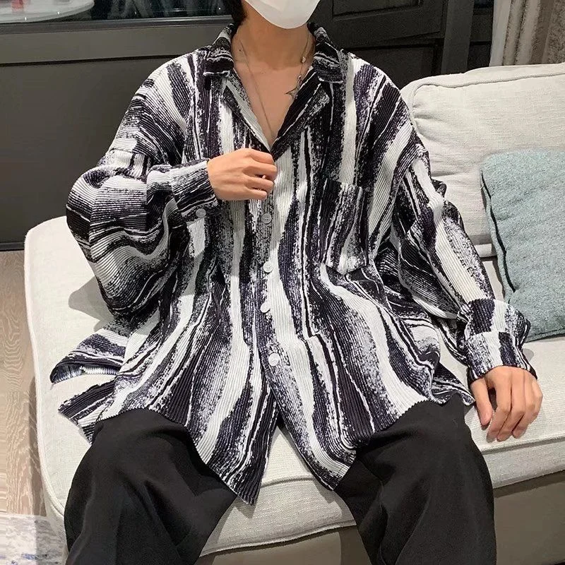 Spring Pleated Shirts Men Fashion Tie Dye Casual Shirts Mens Streetwear Korean Loose Long Sleeve Shirts Mens Pocket Shirts M-2XL