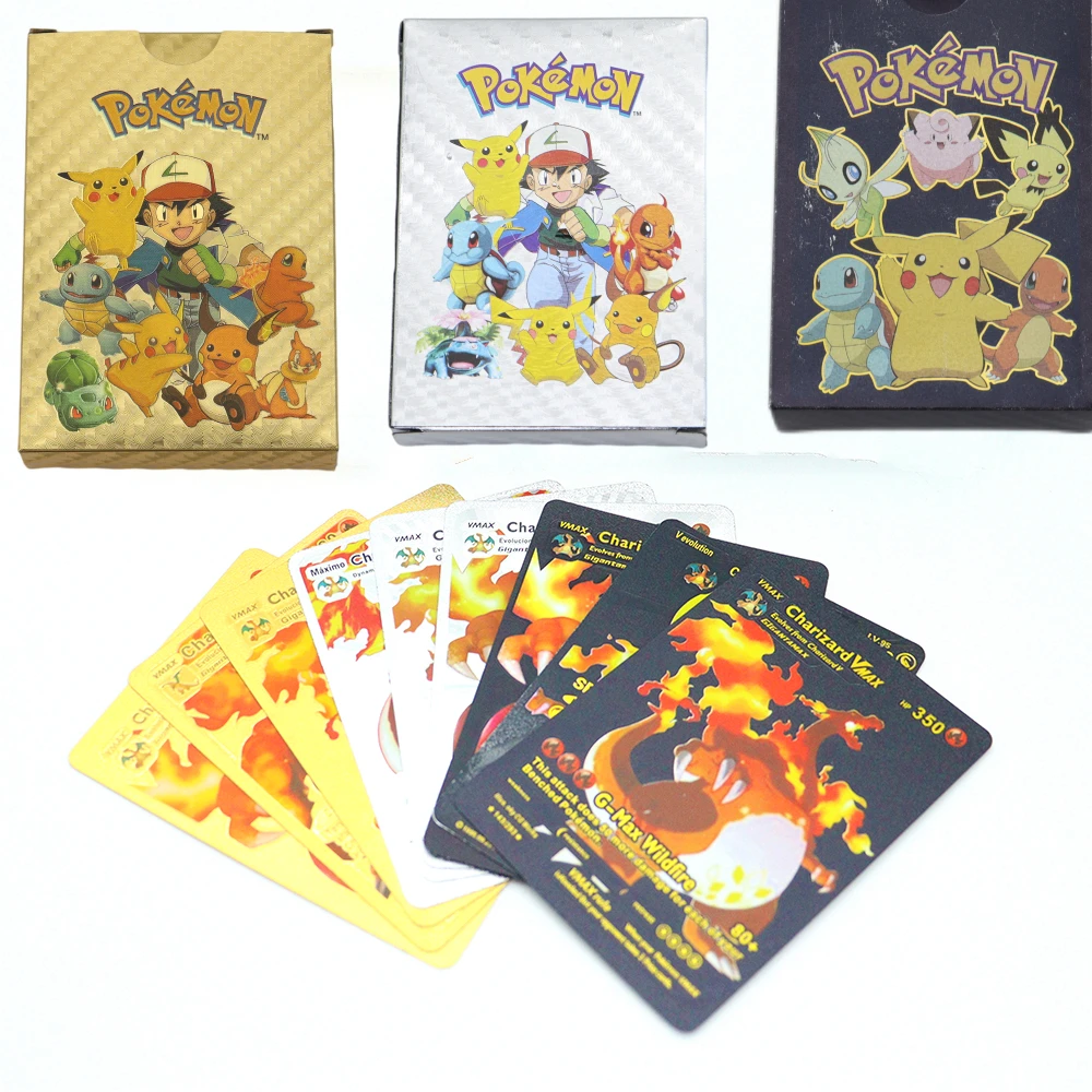 

Anime Pokemon Cards Metal Gold Sliver Spanish Vmax GX Energy EX Charizard Pikachu Black Rare Collection Battle Trainer Kids Gift