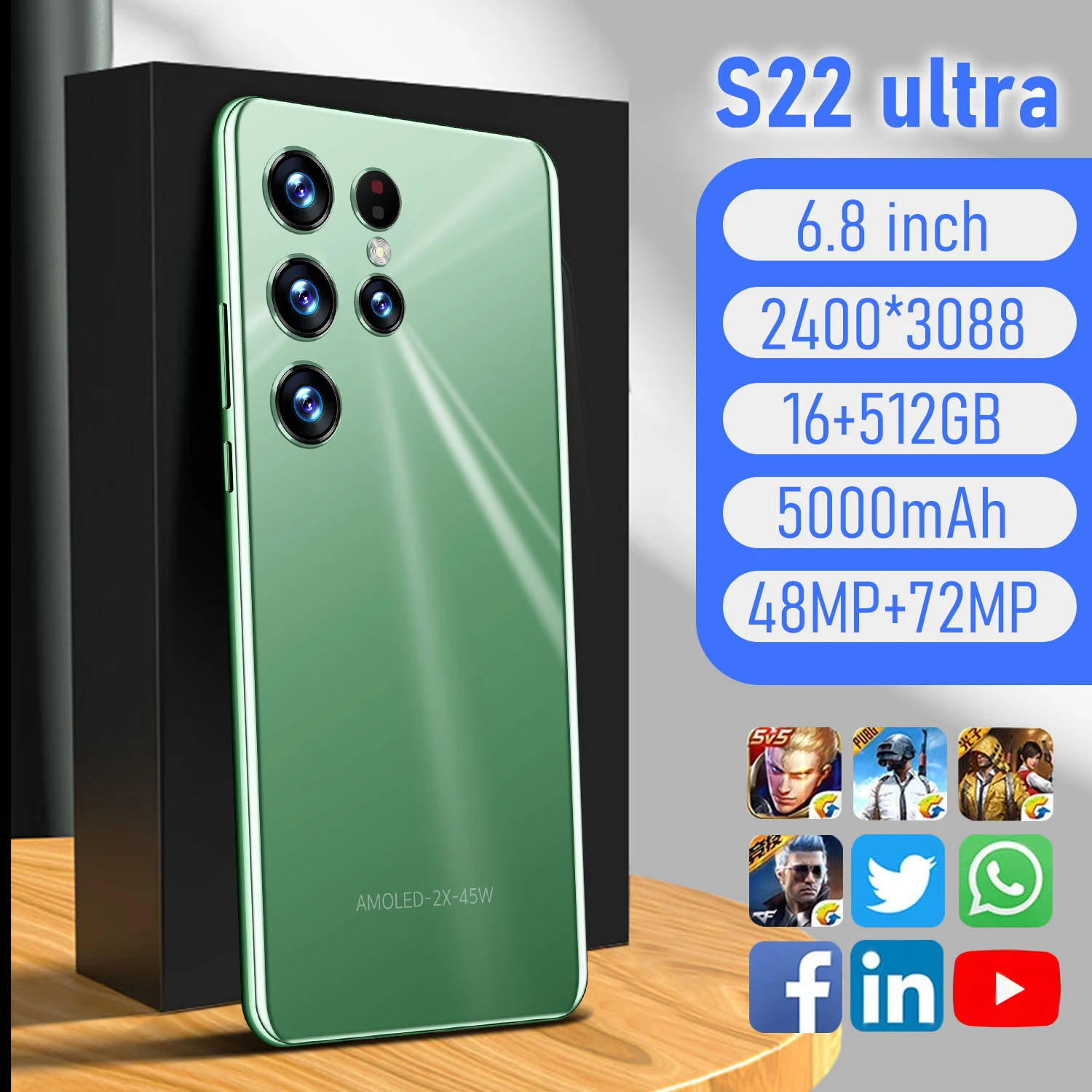 

Смартфон S22 Ultra, 6,8 дюйма, 16 + 512 ГБ, 5000 мАч, 48 + 72 Мп, HD-камера