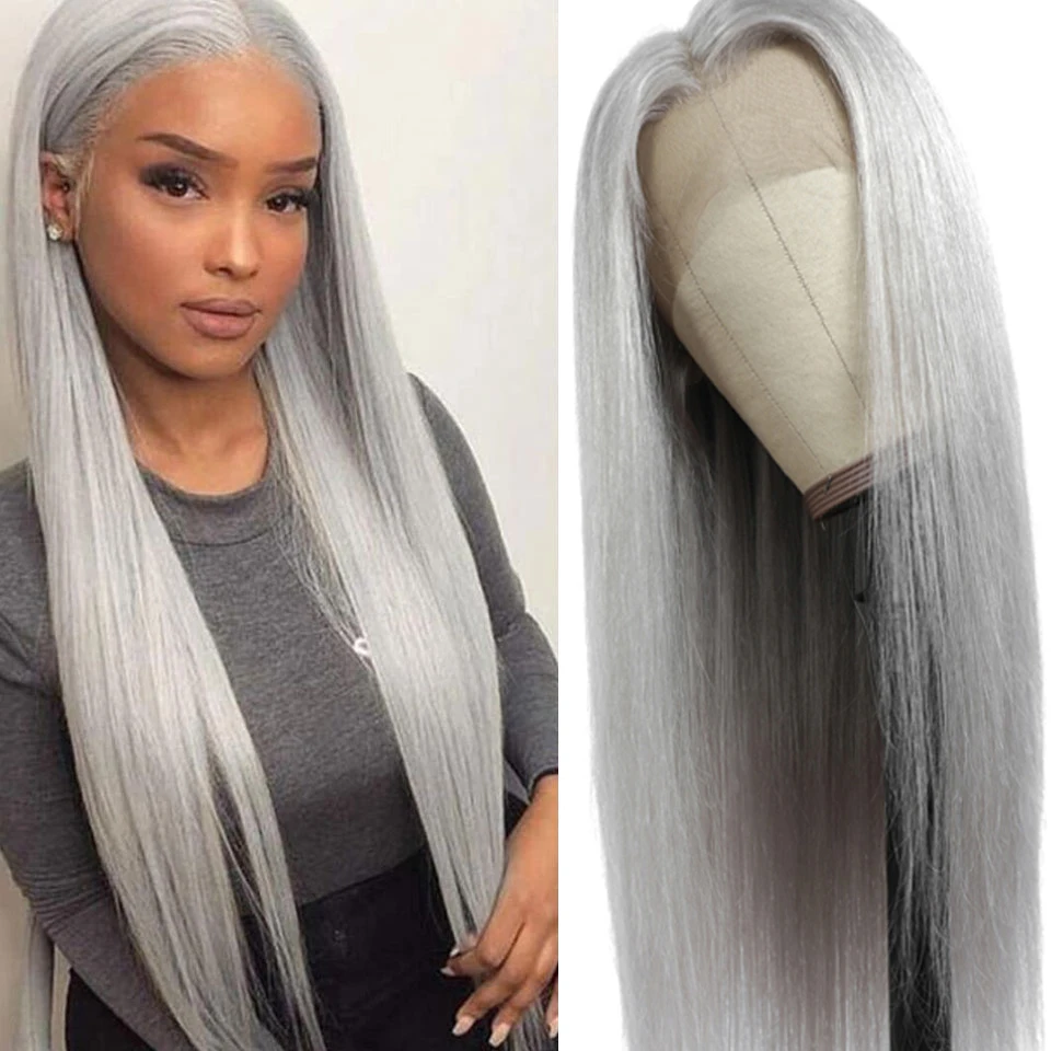 Gray Straight HD Lace Mixed Human Hair Blend Synthetic Wig Glueless Pre Plucked 13x4 Lace Front Wig For Women With Baby Hair