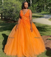 ball gown black girls prom dress in orange color sexy v neck tulle lace evening dresses sleeveless floor length tulle party gown