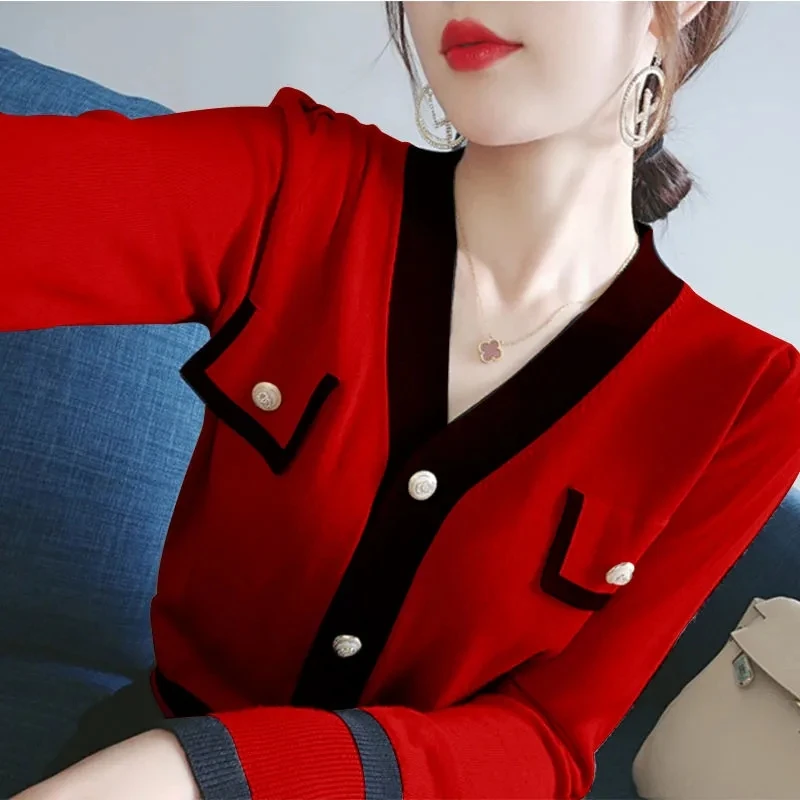 

Fashionable Contrast Color Knitted Sweater Women's Knitwear 2023 Spring Autumn New Slim V-Neck Sweater T-Shirt Tops Female