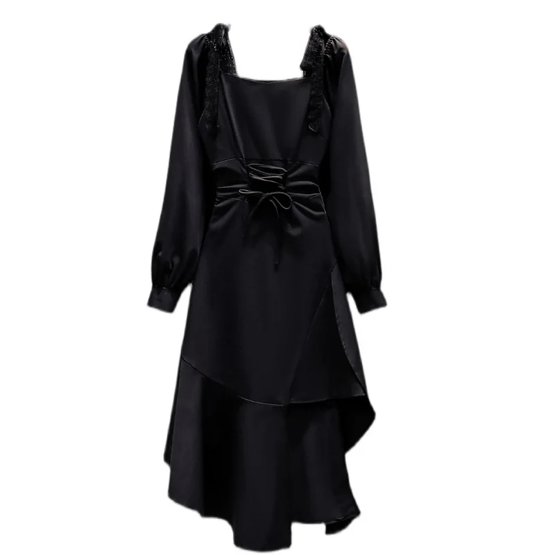 

Женское асимметричное вечернее платье-миди, элегантное ТРАПЕЦИЕВИДНОЕ черное облегающее платье с длинным рукавом и высокой талией в уличн...