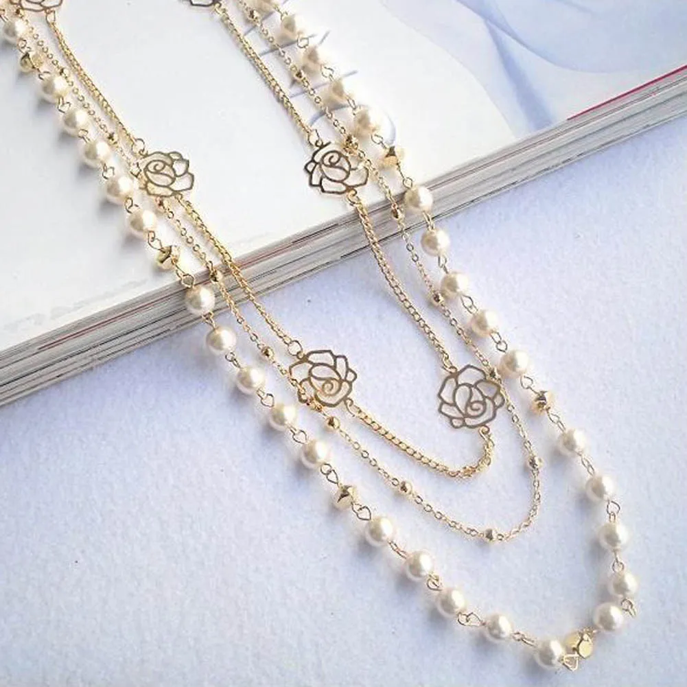 

Long Sweater Chain Pendant Flower multi-layer Pearl Necklace Rose women's Dress Accessories Long Necklace