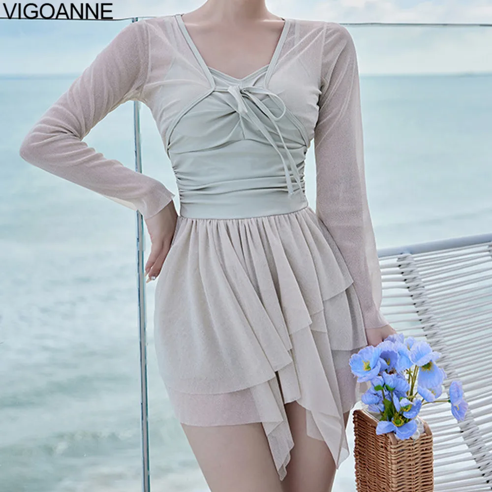 Однотонное платье VigoAnne из 2 частей женский купальник 2024 сетчатый слитный в стиле