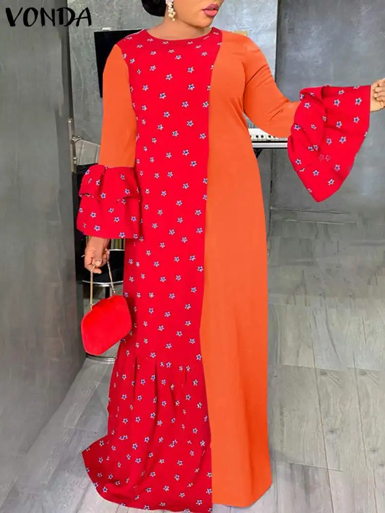 

VONDA 2022 Vintage Holiday Pleated Sundress Casual Summer Patchwork Evening Party Robe Printed Vestidos Women Long Sleeve Dress