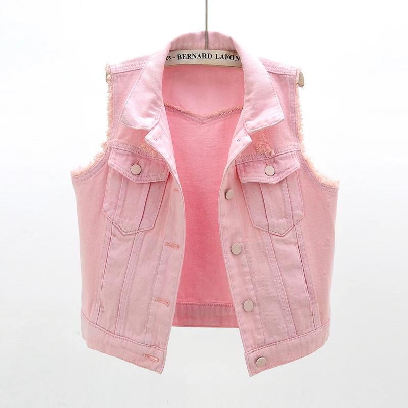

Autumn Korean Pink Denim Vest Women Loose Short Cowboy Waistcoat Burrs Cowboy Sleeveless Jacket Big Pocket Jeans Vests Female