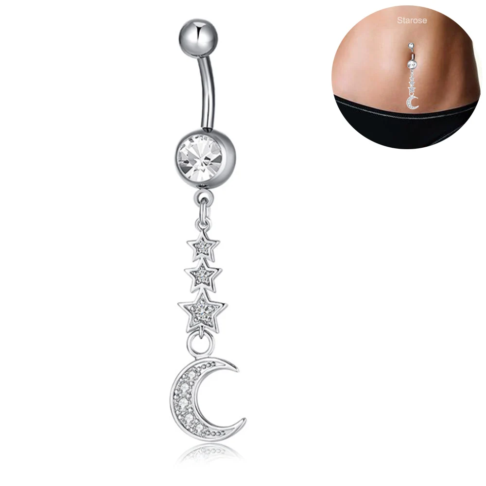 

Starose Cute Zircon Star Moon Belly Piercing Navel Bar Ring Crystal Ball Belly Button Rings Dangle Earrings Beach Navel Jewelry