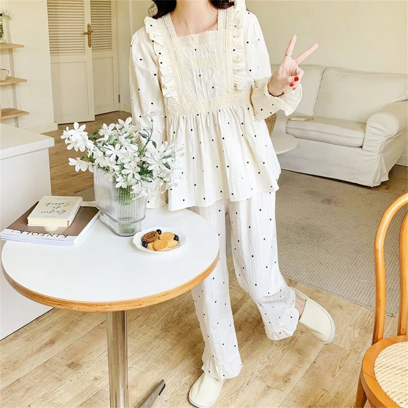 Vintage Women's Homewear Pajamas Set Sweet Lace Print Full-Sleeve Big Size Pyjamas Top Clothes Japanese Princess Style
