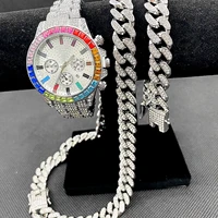 3pcs hip hop luxury watches jewelry set mens women iced out watch necklace bracelet bling diamond miama cuban link chains choker