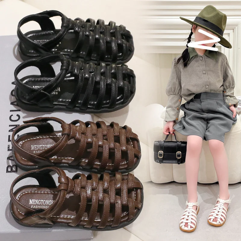 

Toddler Girls' Baotou Sandals Summer 2022 Students Flat Bottomed Weave Top Roman Shoes Fashion Black Children's Beach Sandals