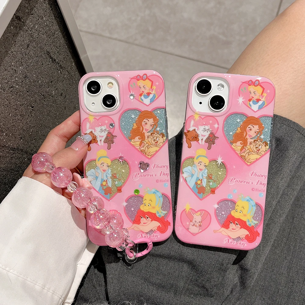 

Luxury Disney Princess Ariel Cinderella With Lanyard Phone Case For iPhone 14 13 12 11 Pro Max 14 Pro Anti-drop Back Cover Gift