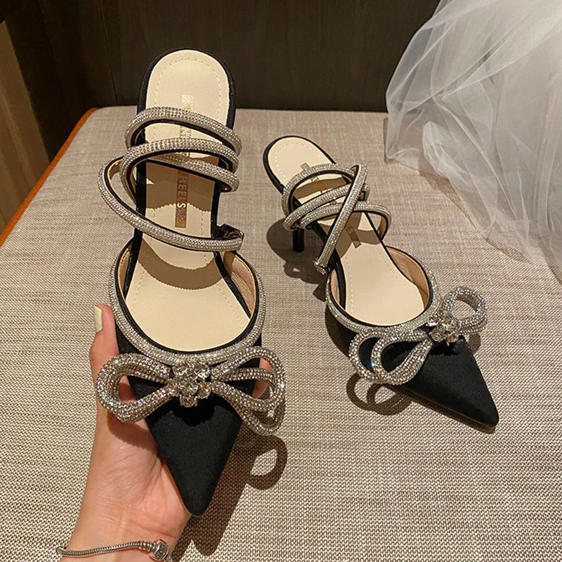 

2022 Spring Luxury Women Bling Crystal 8cm High Heels Sandals Pink Black Heels Rhinestone Sandals Prom Cinderella Wedding Shoes