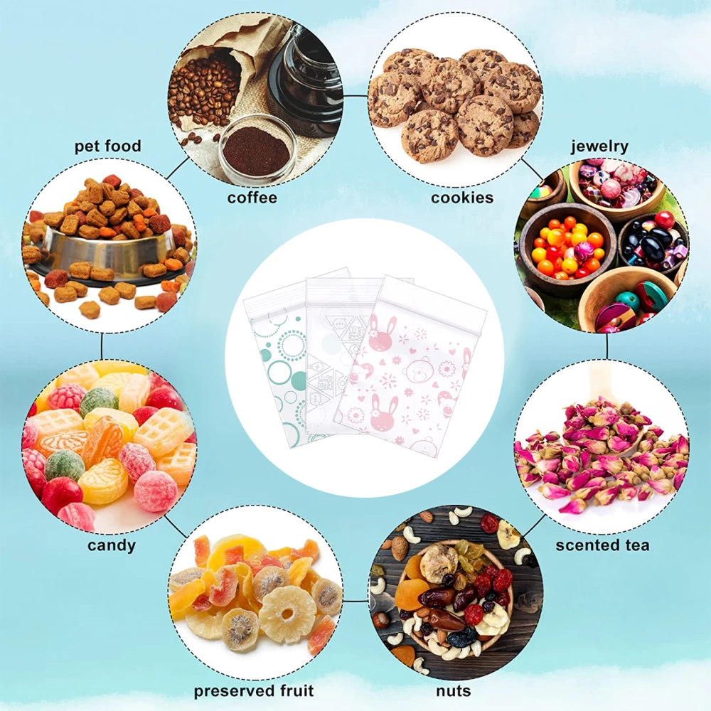 300Pcs Mixed Patterns PE Zip Lock Resealable Bags Mini Self Seal Bag for Jewelry Candy Cookies Snack Storage Packing Pouch